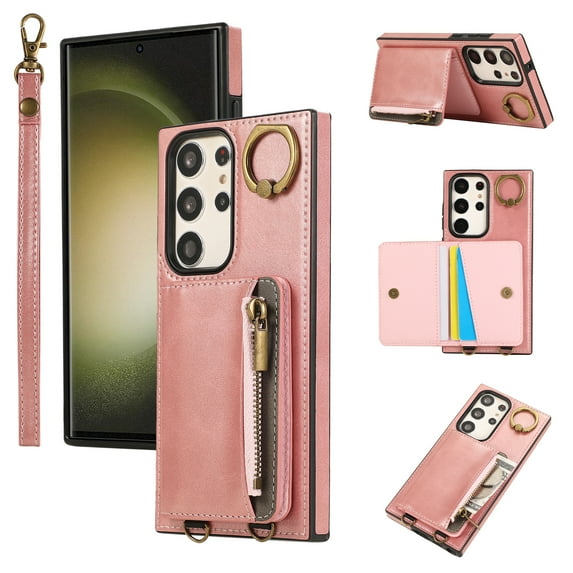 ELEHOLD Case for Samsung Galaxy S22 Ultra, Zipper Leather Wallet Case with Card Holder Stand,Pink