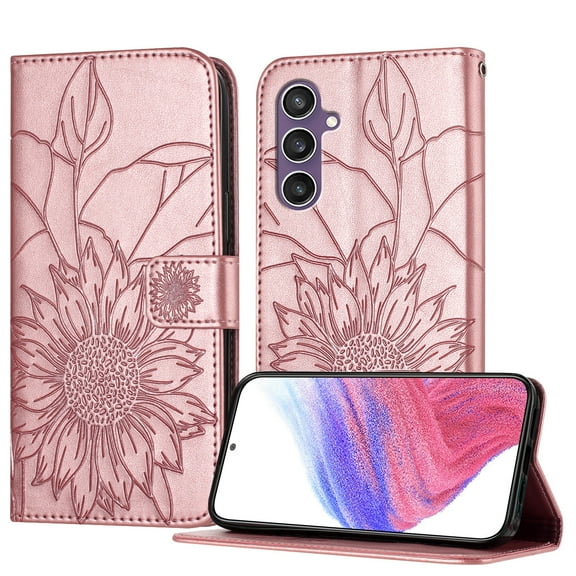 ELEHOLD Case for Samsung Galaxy S23 FE, Sunflower Embossed Leather Wallet Case with Magnetic Closure & Kickstand,Rosegold