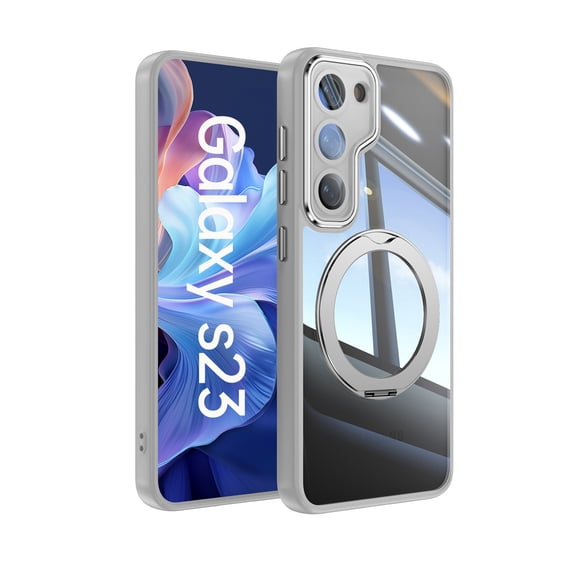 ELEHOLD Case for Samsung Galaxy S23, Shockproof Anti-Scratch Full Camera Protector Case with 360° Ring Holder Stand,Gray