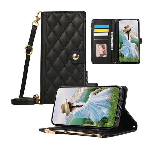 ELEHOLD Case for Samsung Galaxy S23, Shockproof PU Leather Zipper Wallet Case with Card Holder & Crossbody Lanyard & Wrist Strap,Black