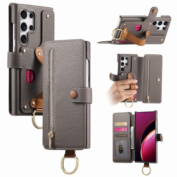 ELEHOLD Case for Samsung Galaxy S23 Ultra, RFID Blocking Zipper Leather Wallet Stand Case with Card Slot & Wrist Strap & Ring Holder,Gray