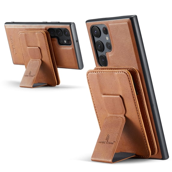 ELEHOLD Case for Samsung Galaxy S23 Ultra, Shockproof Magnetic Leather Wallet Case with Hand Grip & Kickstand & RFID Blocking,Brown