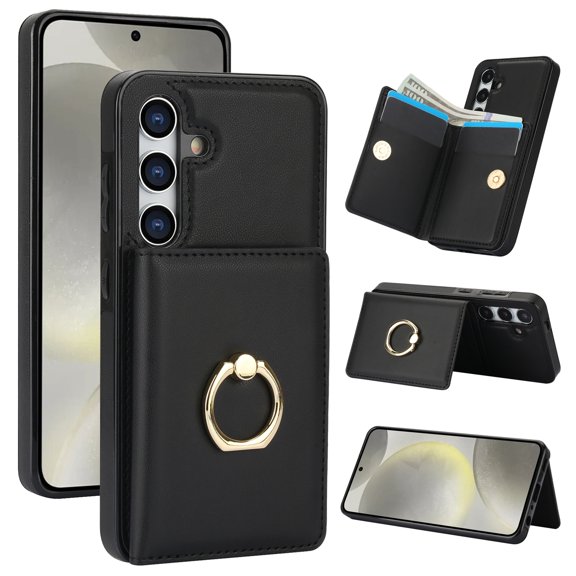 ELEHOLD Case for Samsung Galaxy S24 FE,Business PU Leather Stand Case with Card Holder & Ring Holder,Black