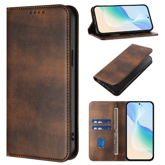 ELEHOLD Case for Samsung Galaxy S24 FE, RFID Vintage Wallet Phone Case, Magnetic Closure Leather Cover Built-in Stand,Brown