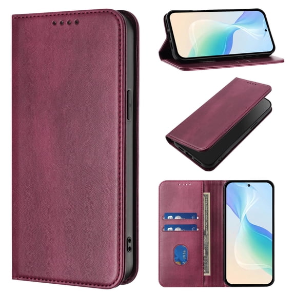 ELEHOLD Case for Samsung Galaxy S24 FE, RFID Vintage Wallet Phone Case, Magnetic Closure Leather Cover Built-in Stand,Winered