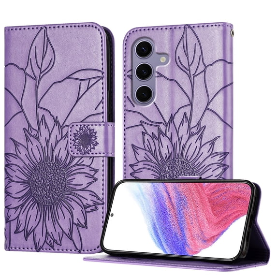 ELEHOLD Case for Samsung Galaxy S24 FE, Sunflower Embossed Leather Wallet Case with Magnetic Closure & Kickstand,Purple