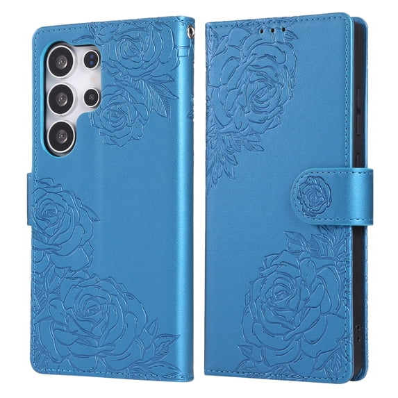 ELEHOLD Case for Samsung Galaxy S24, Flower Embossed Flip Leather Wallet Phone Case with 3 Card Slots & Wrist Strap,Blue