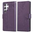 thumbnail image 1 of ELEHOLD Case for Samsung Galaxy S24, Flower Embossed Flip Leather Wallet Phone Case with 3 Card Slots & Wrist Strap,Darkpurple, 1 of 8