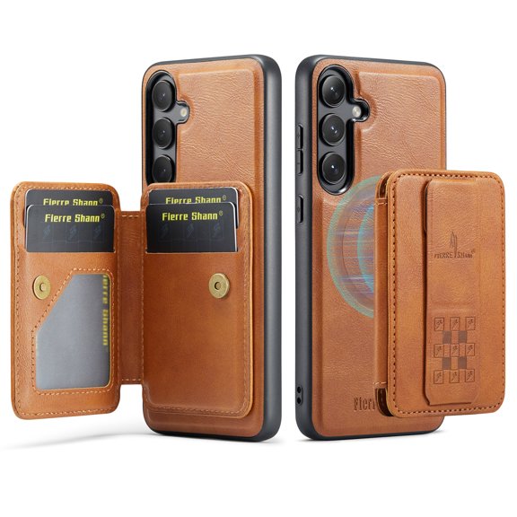ELEHOLD Case for Samsung Galaxy S24, Shockproof Magnetic Leather Wallet Case with Hand Grip & Kickstand & RFID Blocking,Brown
