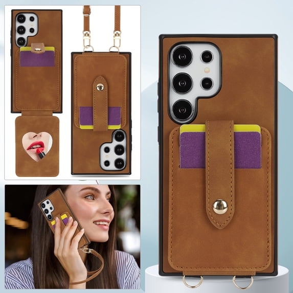 ELEHOLD Case for Samsung Galaxy S24 Ultra,Crossbody Wallet Case with Mirror & Card Holder Stand,Brown
