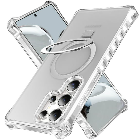 ELEHOLD Case for Samsung Galaxy S24 Ultra, Shockproof Magnetic Matte Phone Case with Ring Stand,Clear