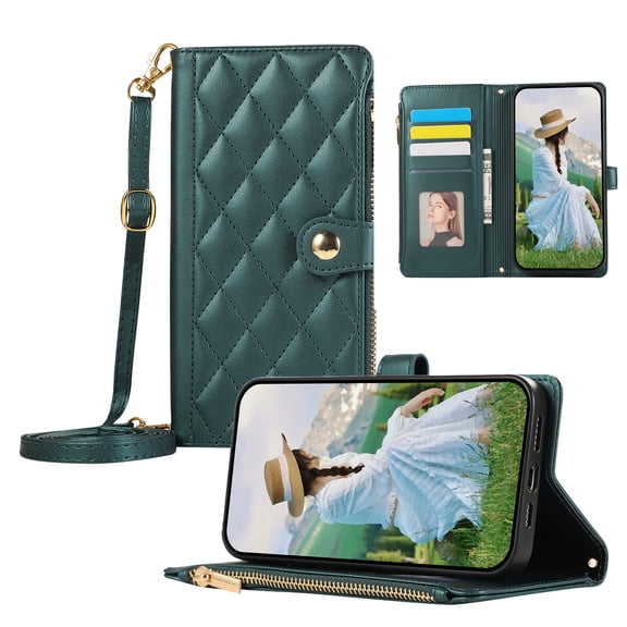 ELEHOLD Case for Samsung Galaxy S24 Ultra, Shockproof PU Leather Zipper Wallet Case with Card Holder & Crossbody Lanyard & Wrist Strap,Green