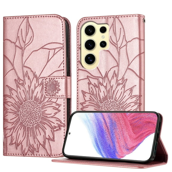 ELEHOLD Case for Samsung Galaxy S24 Ultra, Sunflower Embossed Leather Wallet Case with Magnetic Closure & Kickstand,Rosegold
