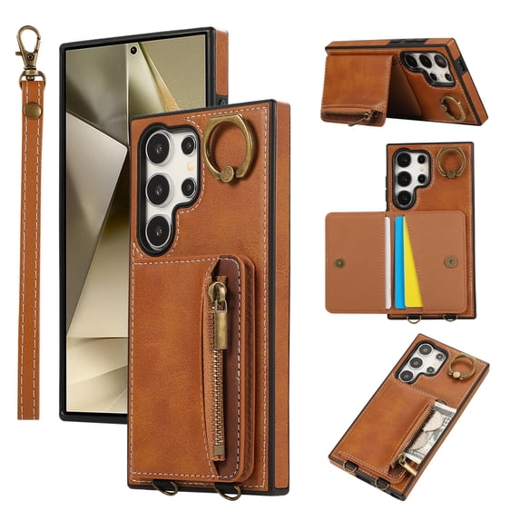 ELEHOLD Case for Samsung Galaxy S24 Ultra, Zipper Leather Wallet Case with Card Holder Stand,Brown
