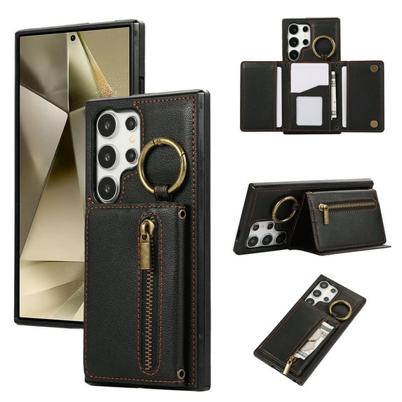 ELEHOLD Case for Samsung Galaxy S24 Ultra, Zipper Leather Wallet Crossbody Case with Detachable Ring Kickstand & Card Slots,Black
