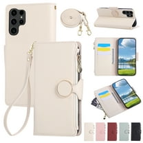 ELEHOLD Case for Samsung Galaxy S25, Crossbody Wallet Phone Case with Zipper Card Holder, Detachable Strap Folio PU Leather Cover with Stand,Beige