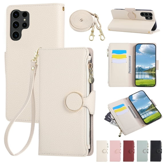 ELEHOLD Case for Samsung Galaxy S25, Crossbody Wallet Phone Case with Zipper Card Holder, Detachable Strap Folio PU Leather Cover with Stand,Beige