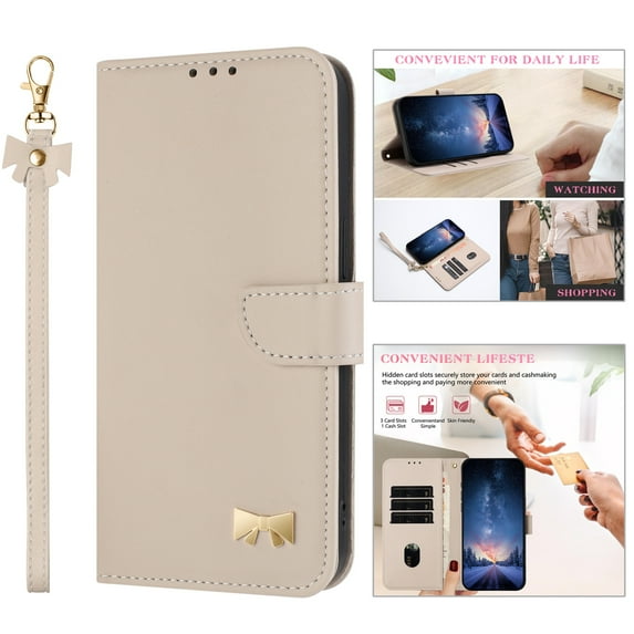 ELEHOLD Case for Samsung Galaxy S25 Edge, Fashionable Leather Wallet Case with Card Slots & Kickstand,Detachable Shoulder Strap & Wrist Strap,Apricot