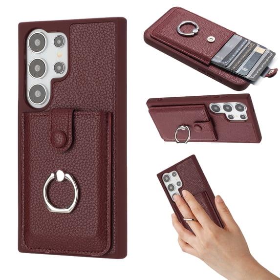 ELEHOLD Case for Samsung Galaxy S25 Edge, PU Leather Wallet Case with Card Slot, 360° Rotating Ring Stand Cover,Winered