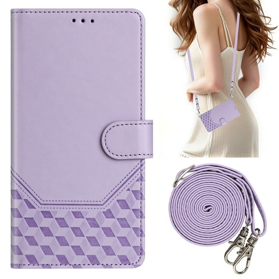 ELEHOLD Case for Samsung Galaxy S25 Edge, RFID Leather Wallet Stand Case with Long Shoulder & Wrist Strap,Wireless Charging,Purple