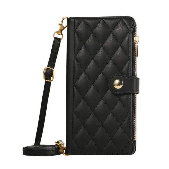 ELEHOLD Case for Samsung Galaxy S25 Edge, Shockproof Zipper Leather Wallet Phone Case with Shoulder & Wrist Strap,Black