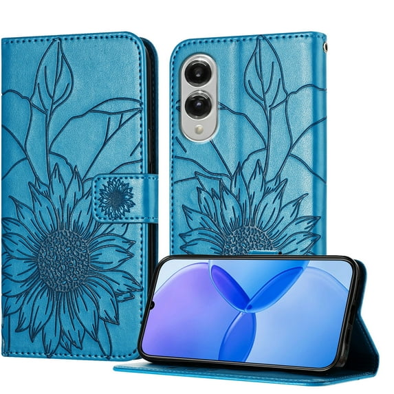 ELEHOLD Case for Samsung Galaxy S25 Edge, Sunflower Embossed Leather Wallet Case with Magnetic Closure & Kickstand,Blue
