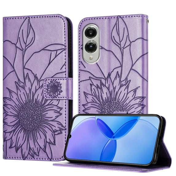 ELEHOLD Case for Samsung Galaxy S25 Edge, Sunflower Embossed Leather Wallet Case with Magnetic Closure & Kickstand,Purple