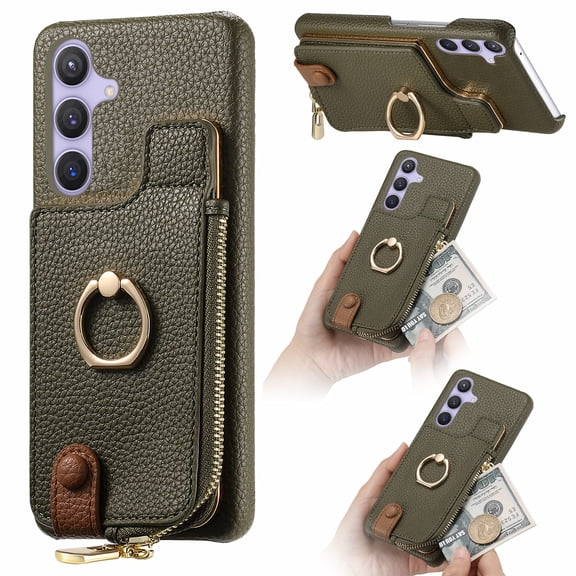 ELEHOLD Case for Samsung Galaxy S25 FE, RFID Blocking Leather Wallet Case with Ring Kickstand and Card Holders,Armygreen