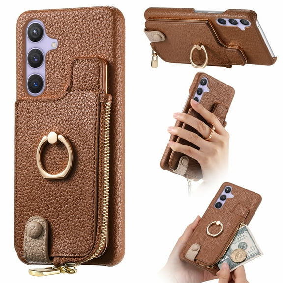 ELEHOLD Case for Samsung Galaxy S25 FE, RFID Blocking Leather Wallet Case with Ring Kickstand and Card Holders,Brown