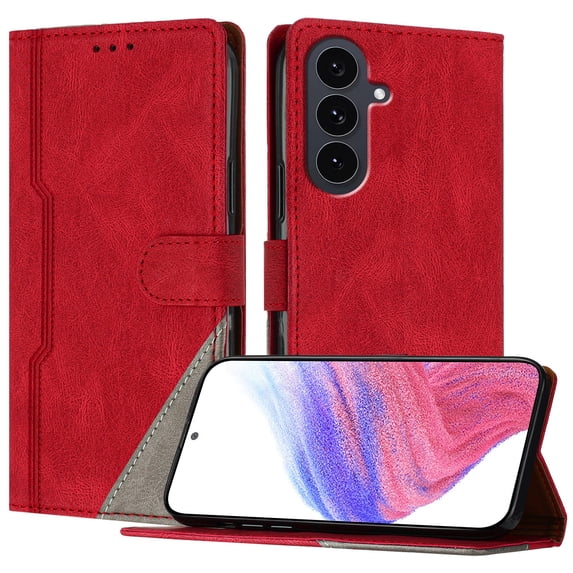 ELEHOLD Case for Samsung Galaxy S25 FE, Shockproof Leather Wallet Flip Case with Card Slots & Cash Pocket, Kickstand Function,Red