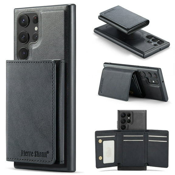 ELEHOLD Case for Samsung Galaxy S25, Faux Leather TPU Back Shockproof Anti-Scratch Flip Stand Magnetic Datachable Card Cash Slots Wallet Case, Black