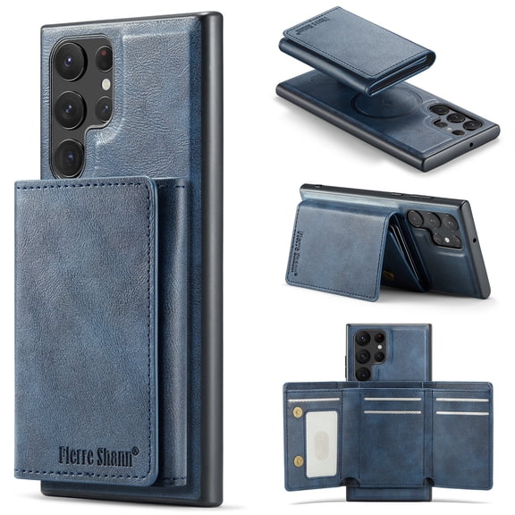 ELEHOLD Case for Samsung Galaxy S25, Faux Leather TPU Back Shockproof Anti-Scratch Flip Stand Magnetic Datachable Card Cash Slots Wallet Case, Blue