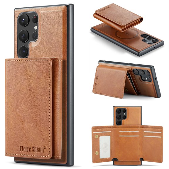 ELEHOLD Case for Samsung Galaxy S25, Faux Leather TPU Back Shockproof Anti-Scratch Flip Stand Magnetic Datachable Card Cash Slots Wallet Case, Brown