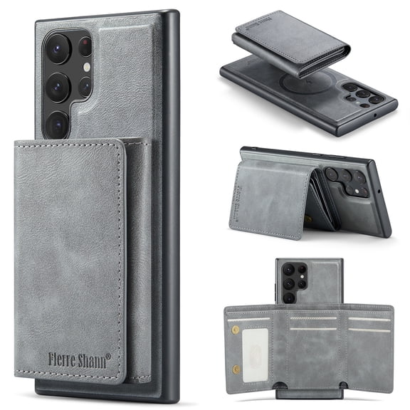 ELEHOLD Case for Samsung Galaxy S25, Faux Leather TPU Back Shockproof Anti-Scratch Flip Stand Magnetic Datachable Card Cash Slots Wallet Case, Gray