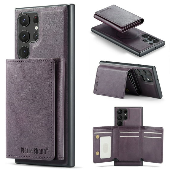 ELEHOLD Case for Samsung Galaxy S25, Faux Leather TPU Back Shockproof Anti-Scratch Flip Stand Magnetic Datachable Card Cash Slots Wallet Case, Purple