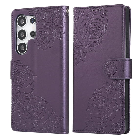 ELEHOLD Case for Samsung Galaxy S25, Flower Embossed Flip Leather Wallet Phone Case with 3 Card Slots & Wrist Strap,Darkpurple