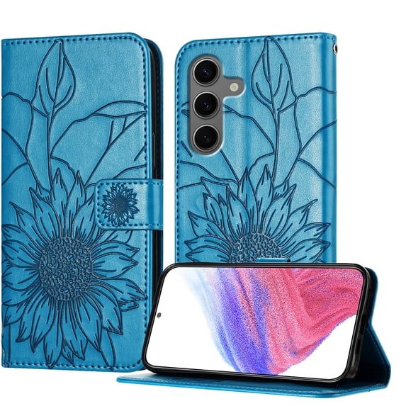 ELEHOLD Case for Samsung Galaxy S25+, Sunflower Embossed Leather Wallet Case with Magnetic Closure & Kickstand,Blue