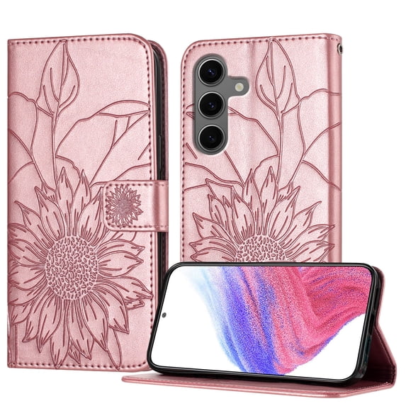 ELEHOLD Case for Samsung Galaxy S25+, Sunflower Embossed Leather Wallet Case with Magnetic Closure & Kickstand,Rosegold