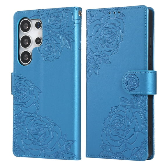 ELEHOLD Case for Samsung Galaxy S25 Ultra, Flower Embossed Flip Leather Wallet Phone Case with 3 Card Slots & Wrist Strap,Blue