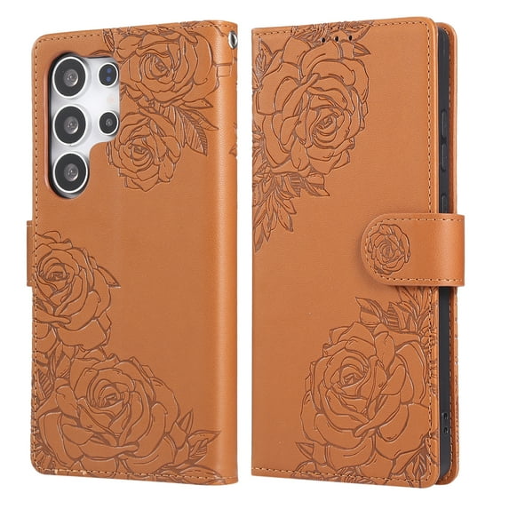 ELEHOLD Case for Samsung Galaxy S25 Ultra, Flower Embossed Flip Leather Wallet Phone Case with 3 Card Slots & Wrist Strap,Brown