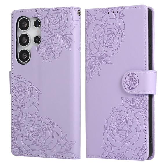 ELEHOLD Case for Samsung Galaxy S25 Ultra, Flower Embossed Flip Leather Wallet Phone Case with 3 Card Slots & Wrist Strap,Purple