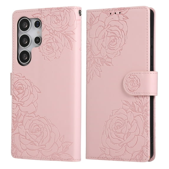 ELEHOLD Case for Samsung Galaxy S25 Ultra, Flower Embossed Flip Leather Wallet Phone Case with 3 Card Slots & Wrist Strap,Rosegold