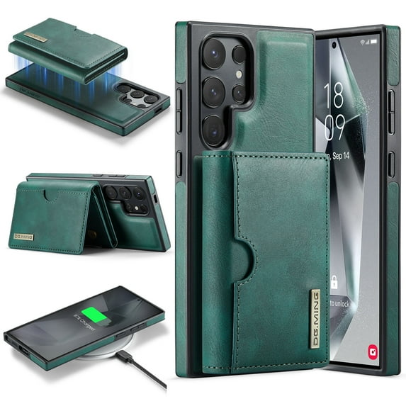 ELEHOLD Case for Samsung Galaxy S25 Ultra, Magnetic 2 in 1 Detachable Leather Wallet Case with Card Holder & Stand,Green