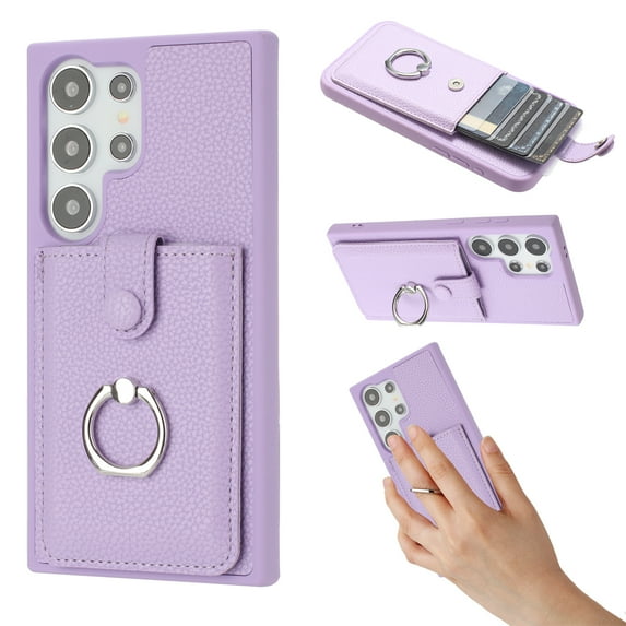 ELEHOLD Case for Samsung Galaxy S25 Ultra, PU Leather Wallet Case with Card Slot, 360° Rotating Ring Stand Cover,Purple