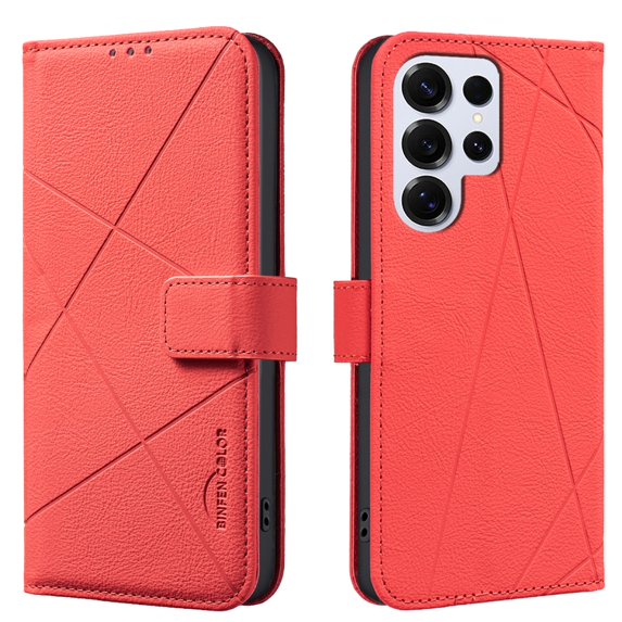 ELEHOLD Case for Samsung Galaxy S25 Ultra, RFID Blocking Leather Wallet Case, Flip Cover with Card Slots & Stand,Red