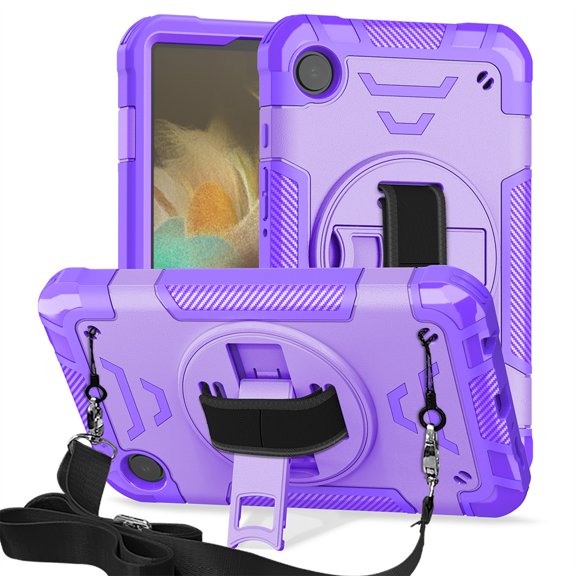 ELEHOLD Case for Samsung Galaxy Tab A9, Shockproof Case with 360°Rotating Adjustable Shoulder Hand Strap & Stand,Purple