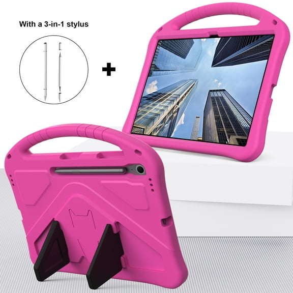 ELEHOLD Case for Samsung Galaxy Tab S10 FE+, Shockproof Case with Handle & Stand + 3-in-1 Stylus Pen, Kids-Friendly EVA + TPU Protective Cover,Rose