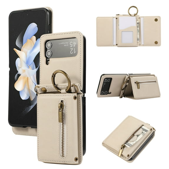 ELEHOLD Case for Samsung Galaxy Z Flip 3, Zipper Leather Wallet Crossbody Case with Detachable Ring Kickstand & Card Slots,Beige