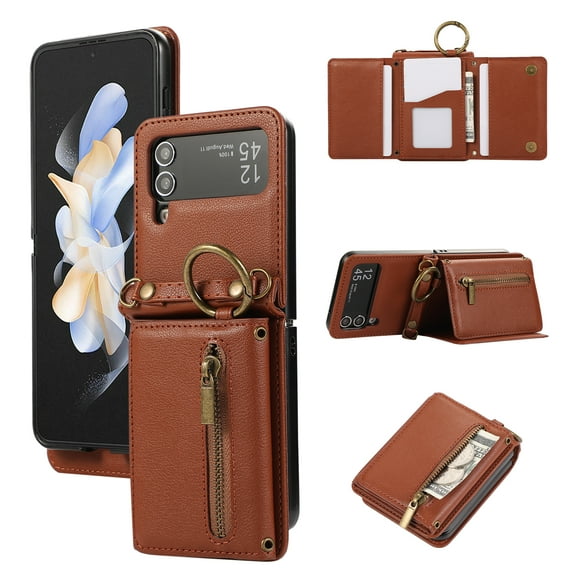 ELEHOLD Case for Samsung Galaxy Z Flip 3, Zipper Leather Wallet Crossbody Case with Detachable Ring Kickstand & Card Slots,Coffee