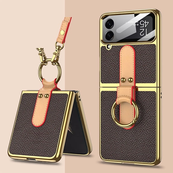 ELEHOLD Case for Samsung Galaxy Z Flip 4, Electroplated Ring Stand Case with Shoulder Strap, Built-in Screen Protector,Coffee
